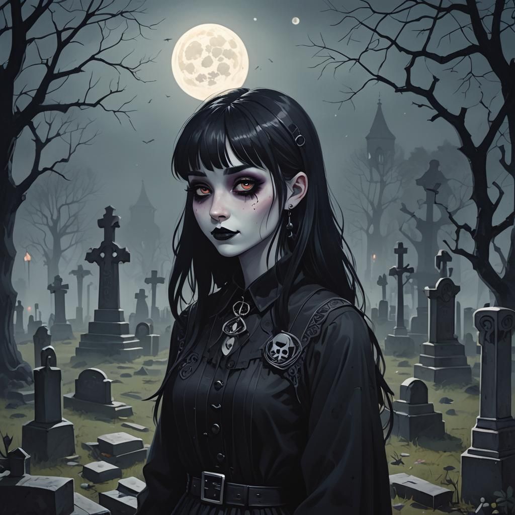 Cartoon Goth Girl in Foggy Graveyard