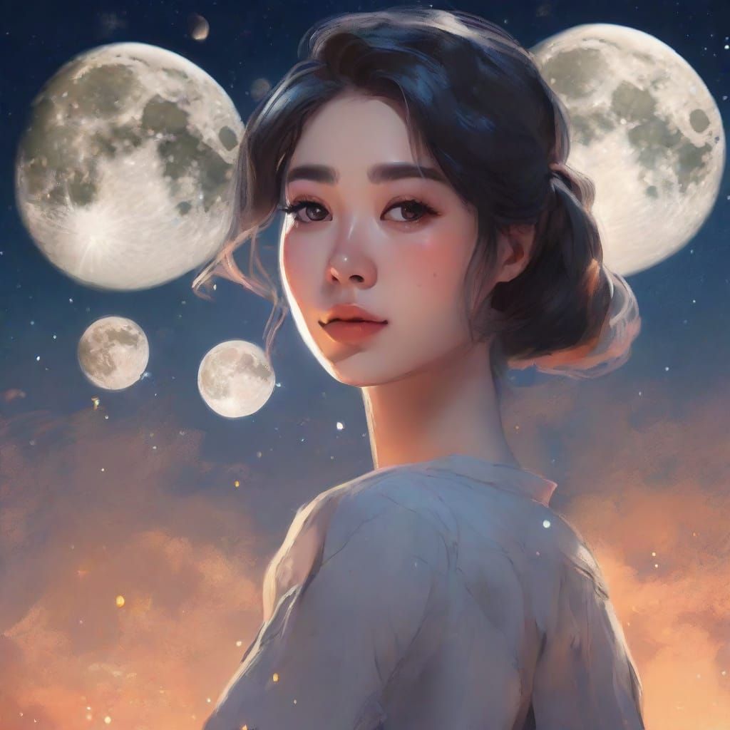 Woman Observes Moon Phases in Watercolor Style