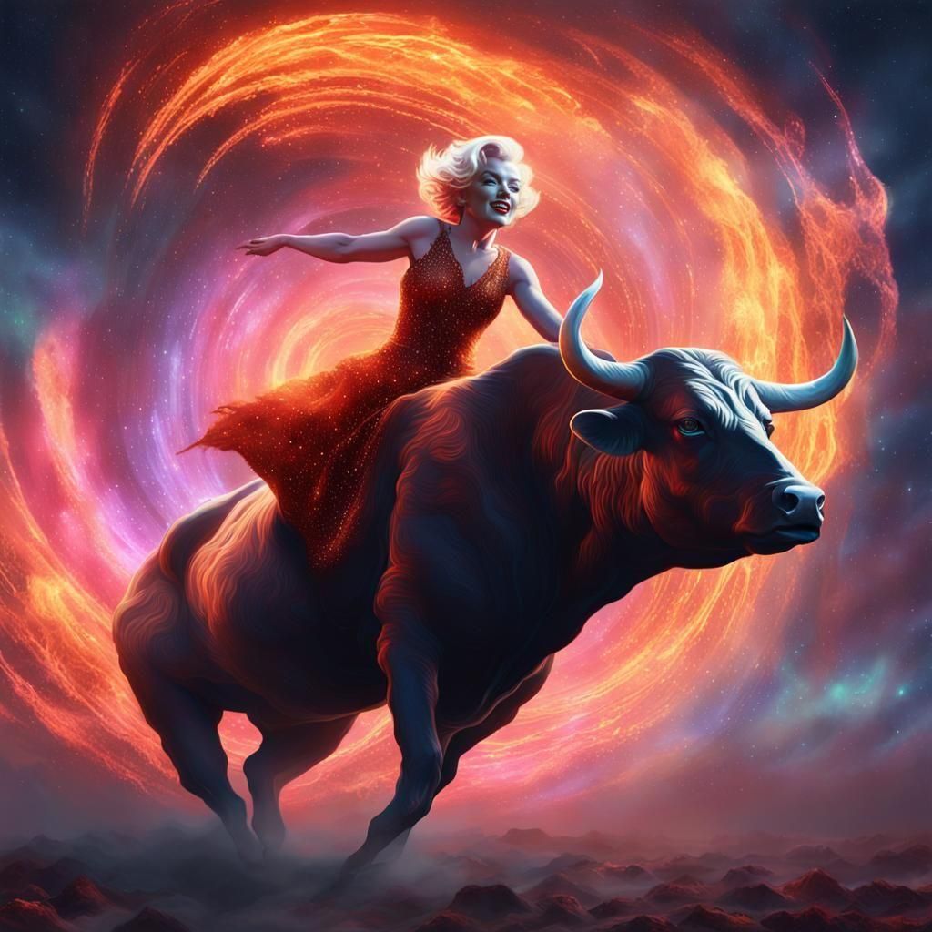 Marilyn Monroe Rides a Bull in Nebulous Sky