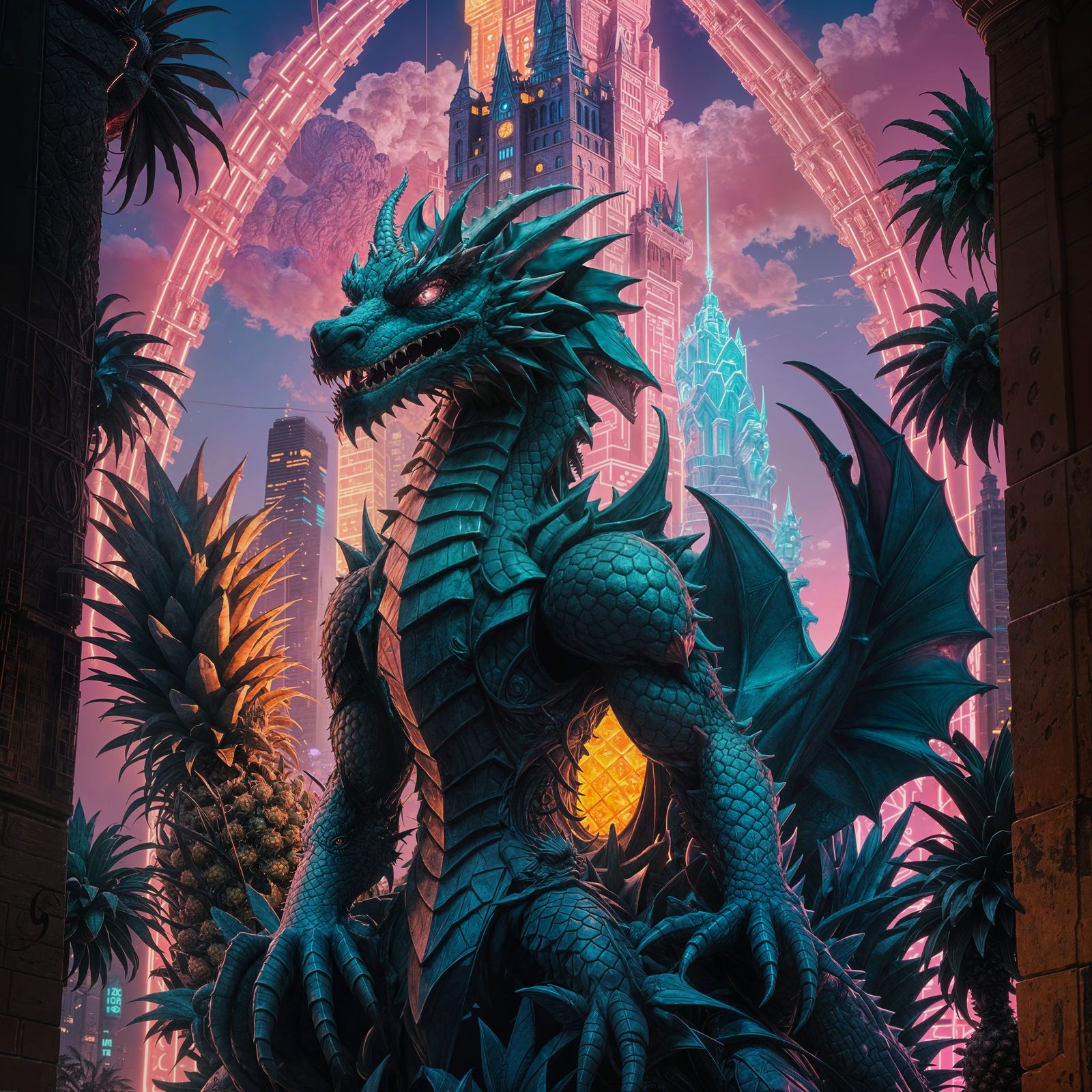Pineapple Dragon Tower: Surreal Vaporwave Digital Art