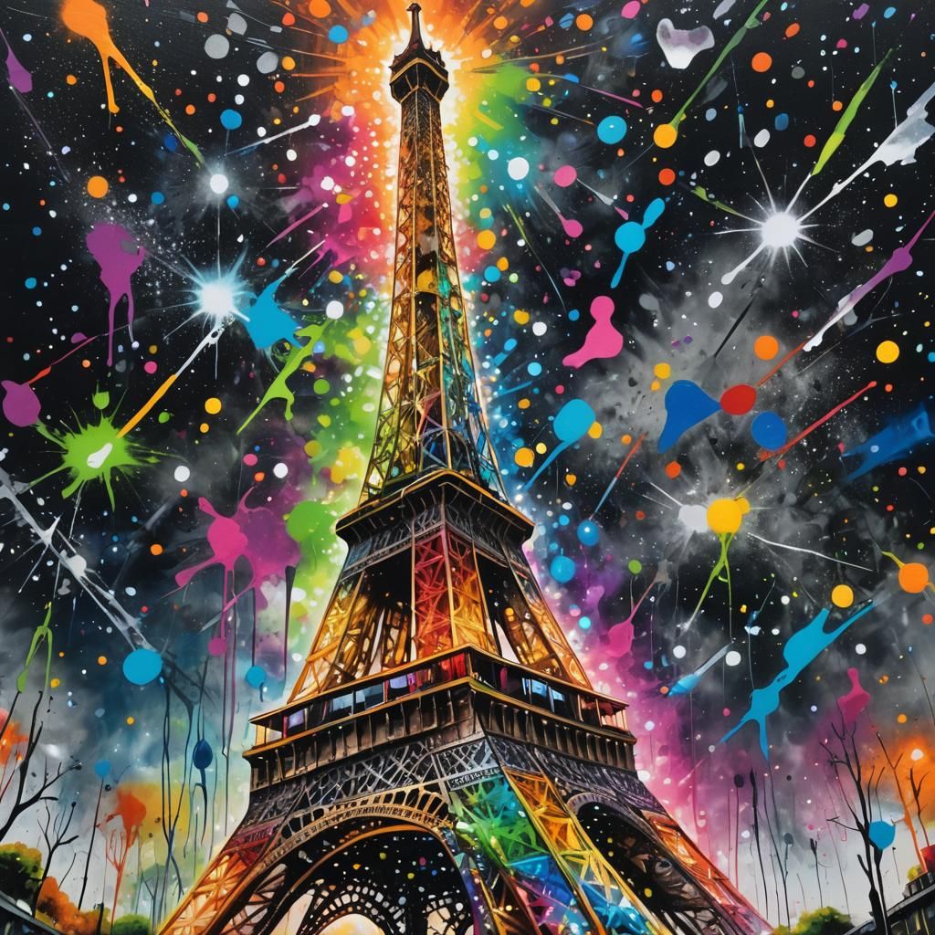Eiffel Tower Crystallized in Paris Night, Graffiti Art