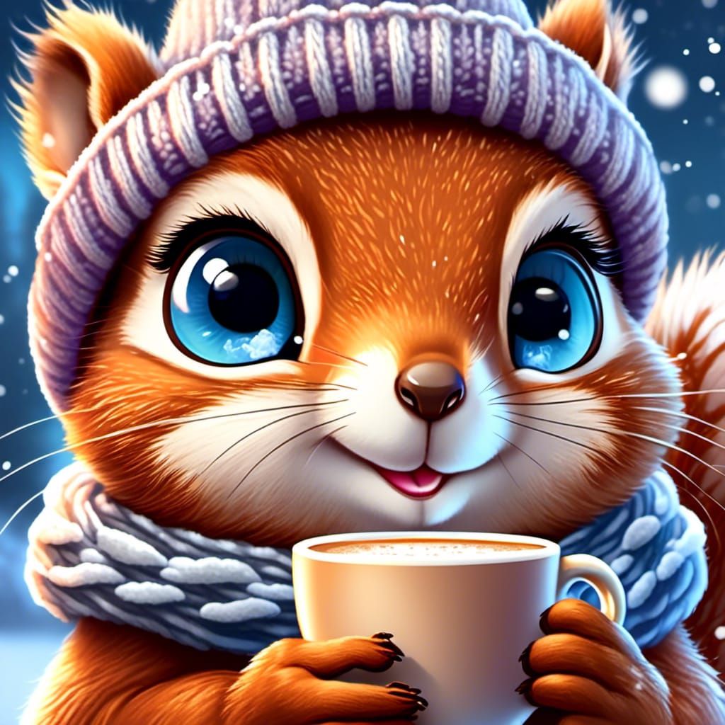 Chibi Squirrel with Cappuccino in Winter