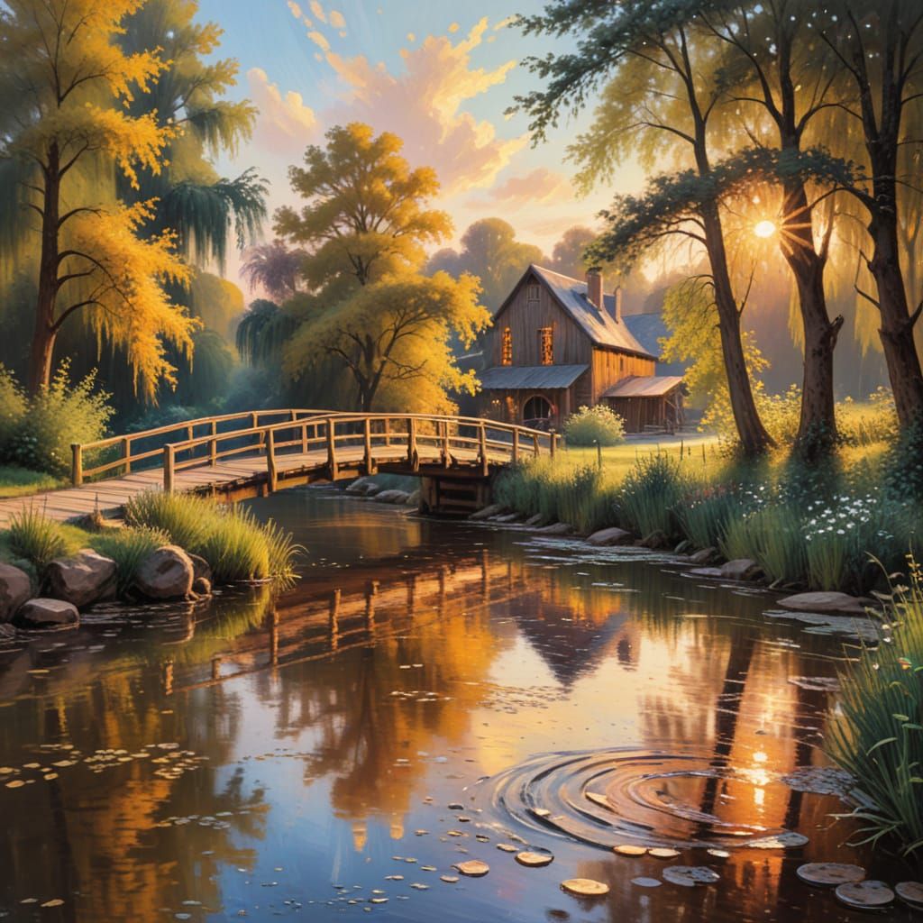 Idyllic Oil Painting of Bridge near Watermill in Soft Focus
