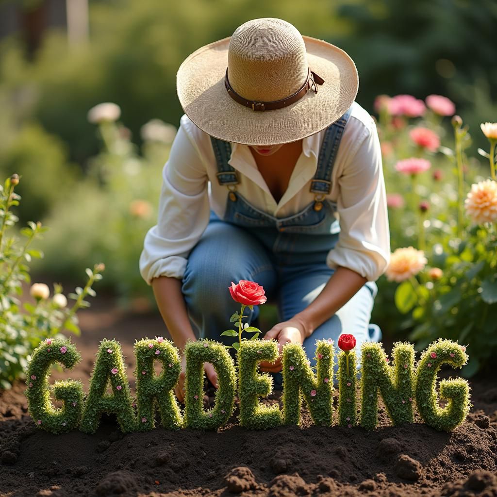 Golden Lit Gardener with Roses and Dahlias