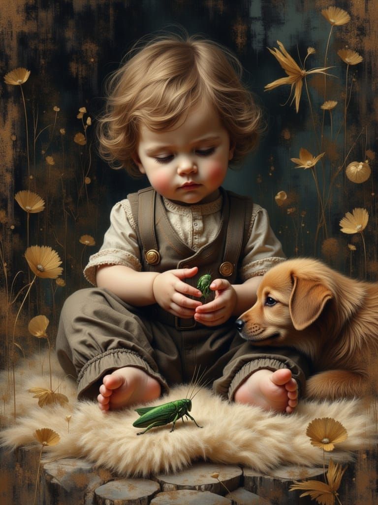 Toddler and Puppy Observe Grasshopper in Painterly Style