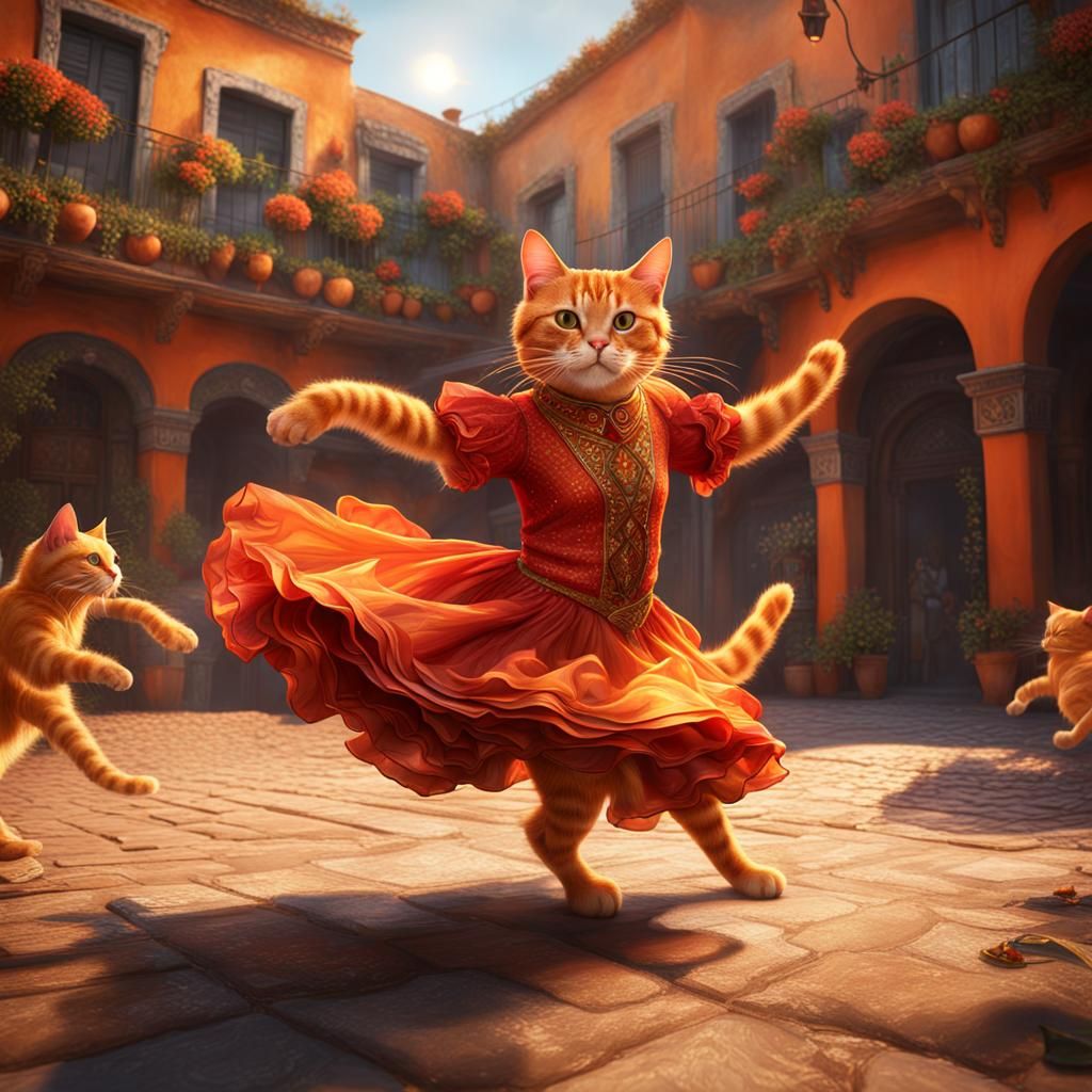 Orange Cat Dances Flamenco: Detailed Matte Painting
