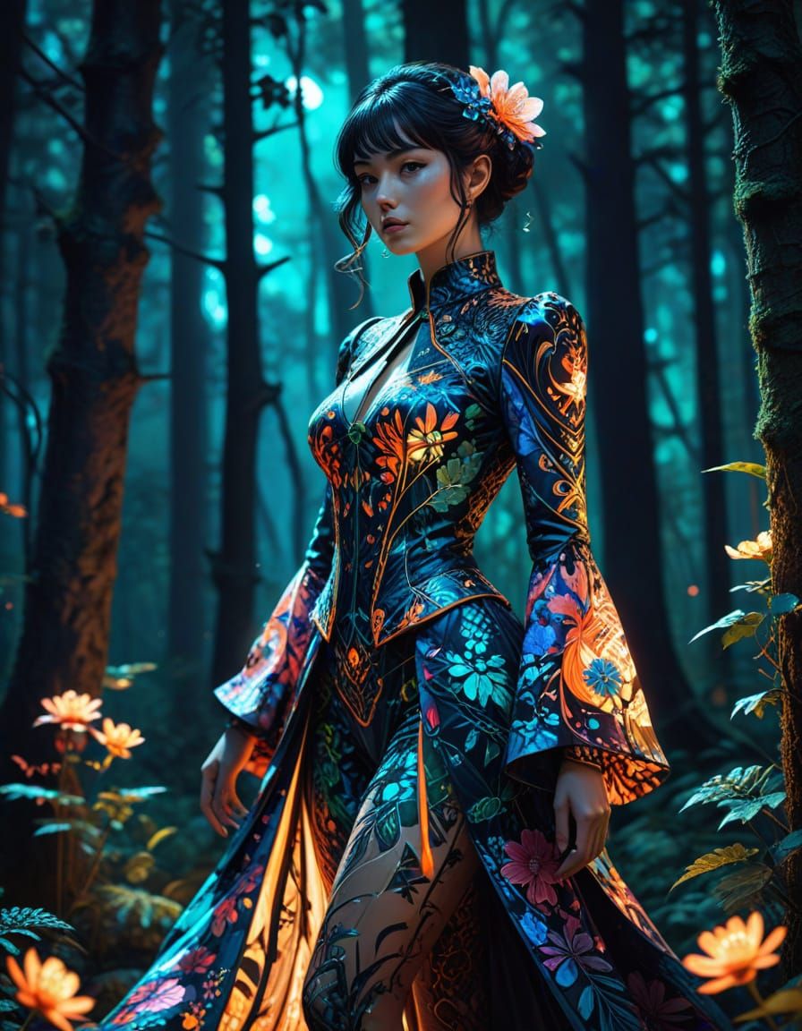 Anime Adventurer in Floral Haute Couture Forest