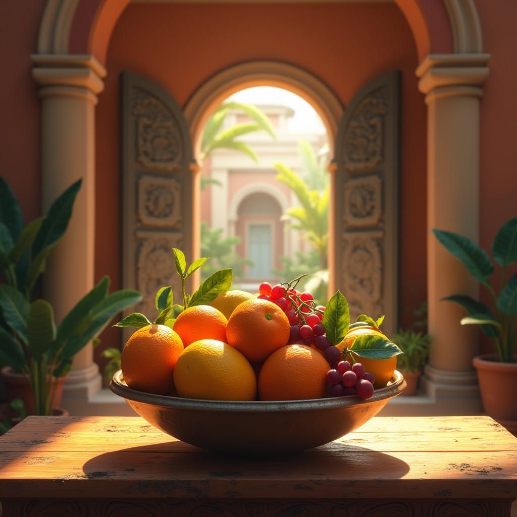 Spanish-Style Fruit Still Life with Arched Doorway