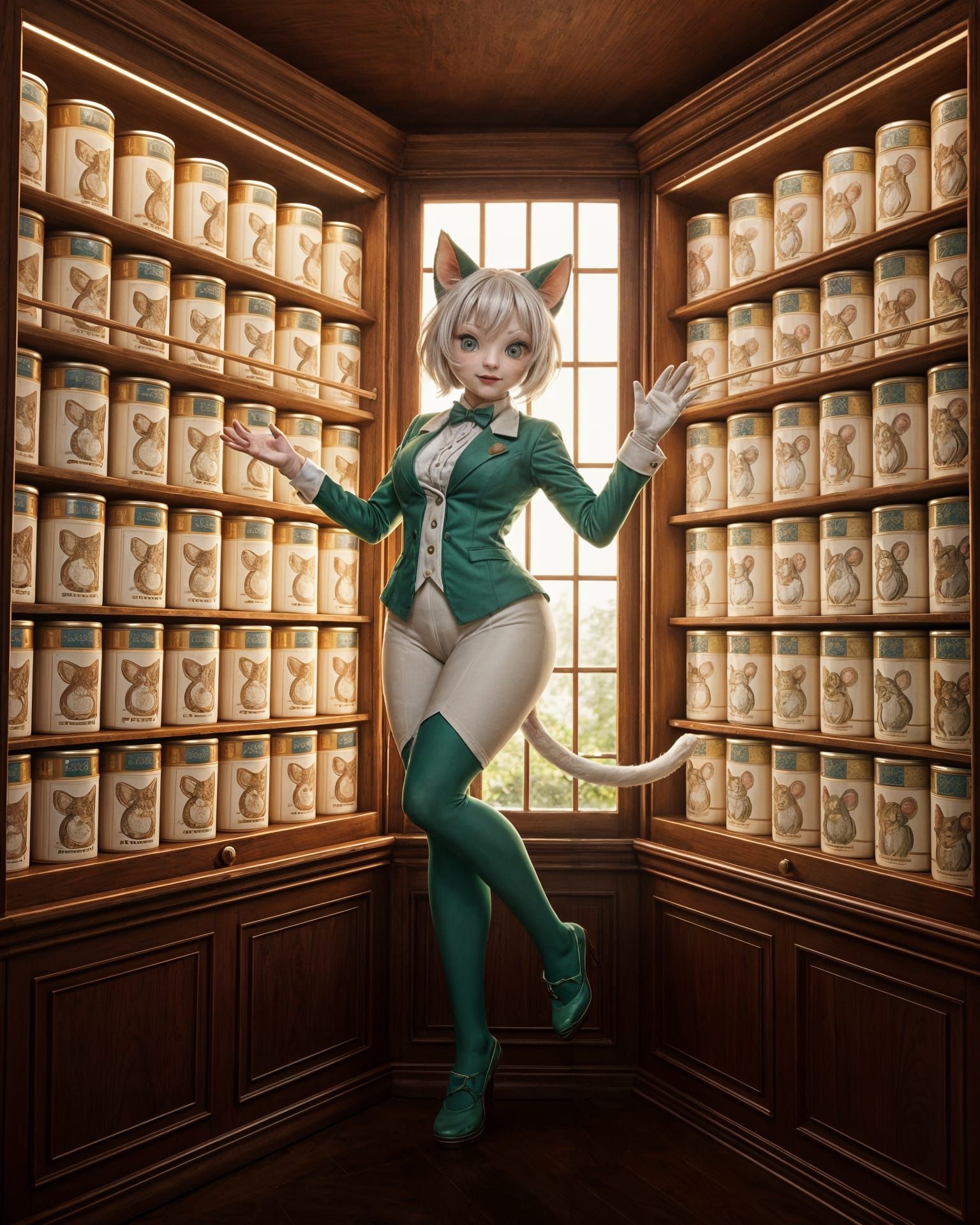 Catgirl Shopping for Canned Mice in Art Deco Style