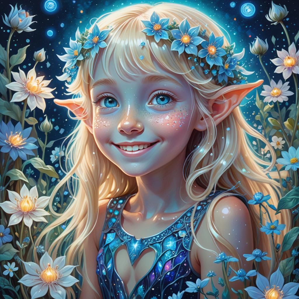 Smiling Elf in Cosmic Flower Field, Astral Illustration