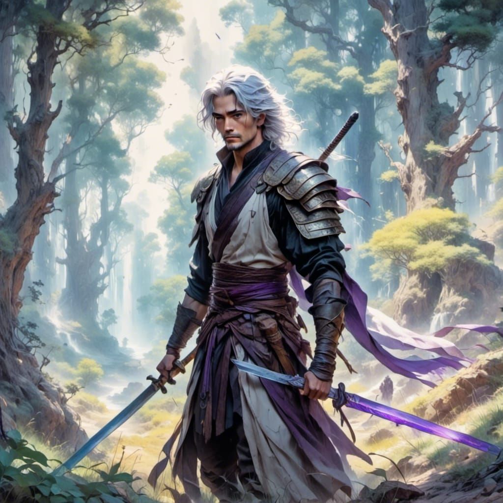 Anime Sword Instructor in Forest Landscape