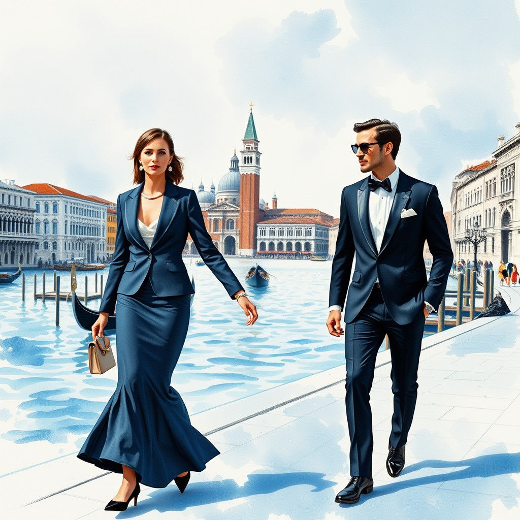 Elegant Couple in Venice, Watercolor Art Deco Style