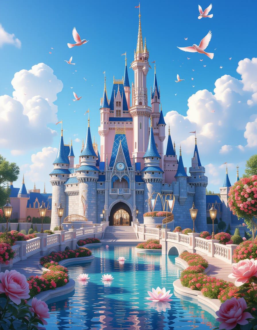 Rose Quartz Castle Fantasy Landscape with Floating Gardens