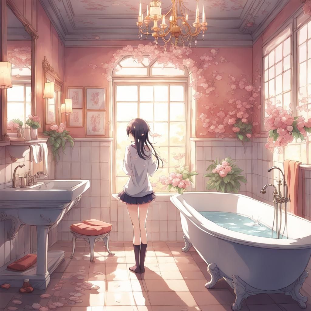 Anime Girl in Beautiful Bathroom: Manga Style