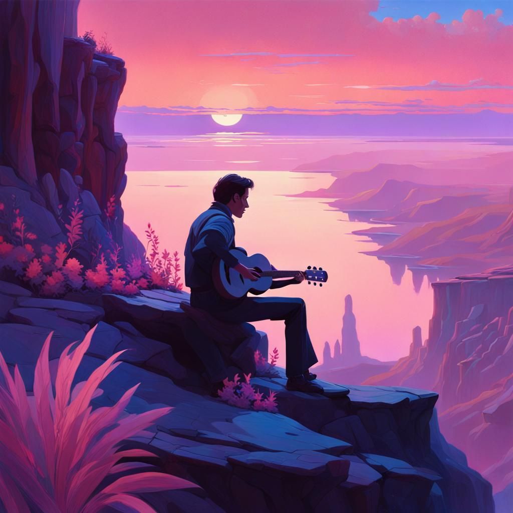 Man Plays Ukulele on Alien Cliff in Oil Painting Style