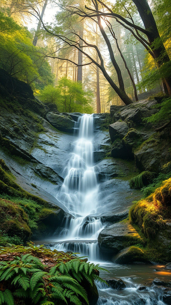 Serene Waterfall Cascades in Lush Green Landscape