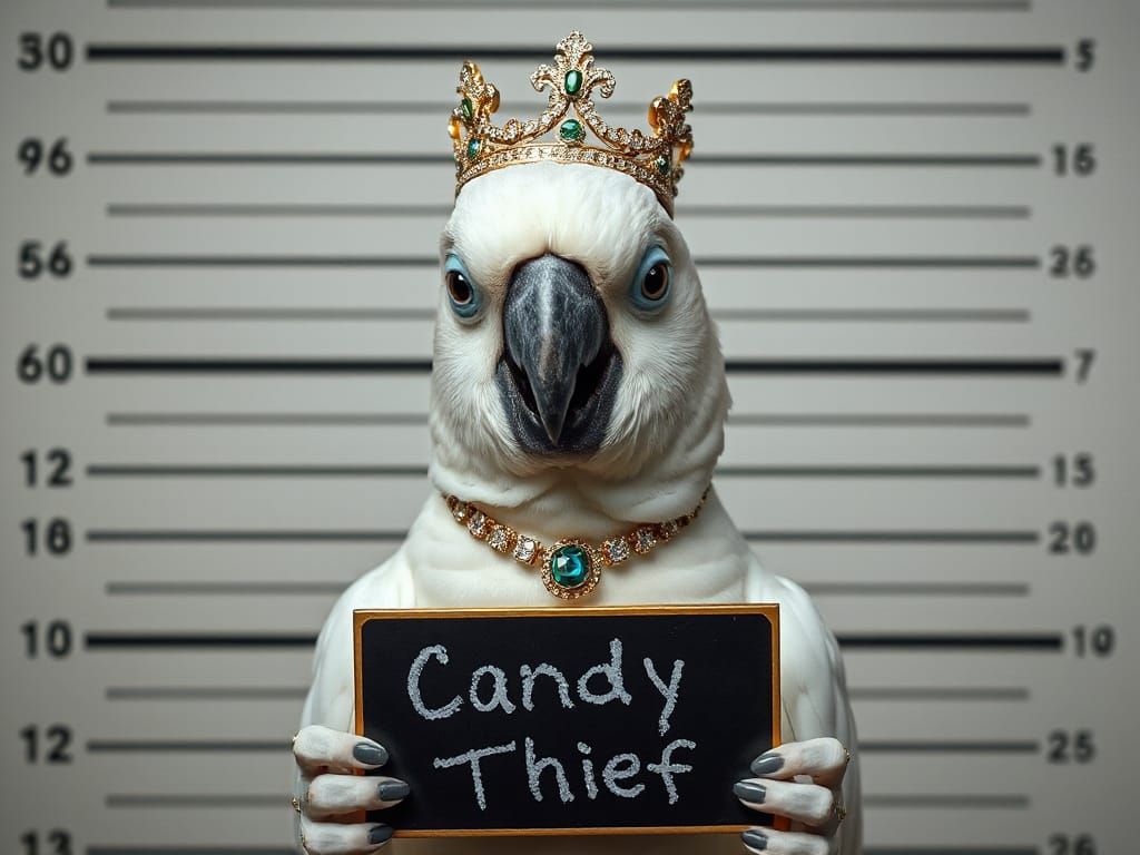 Guilty Parrot in Royal Jewels Police Mug Shot