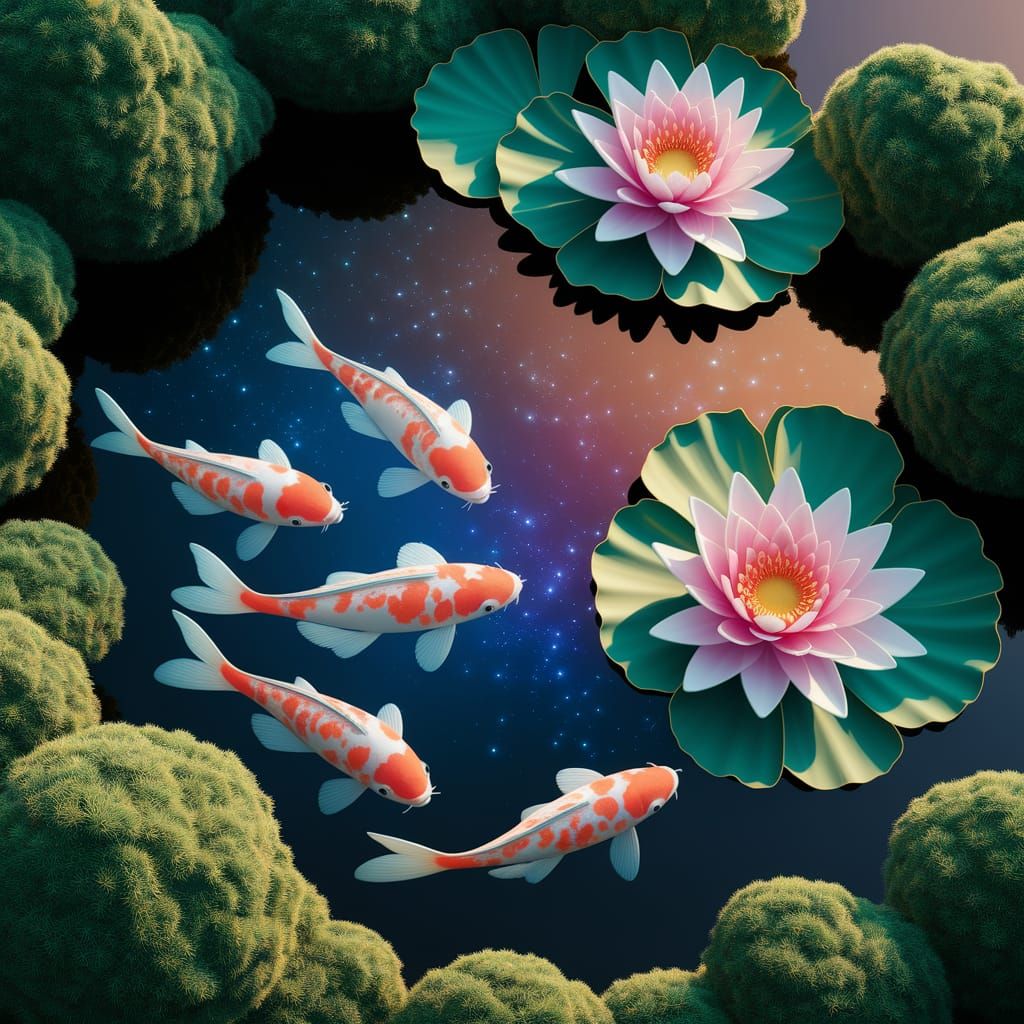 Bioluminescent Koi Pond Under Starlit Sky
