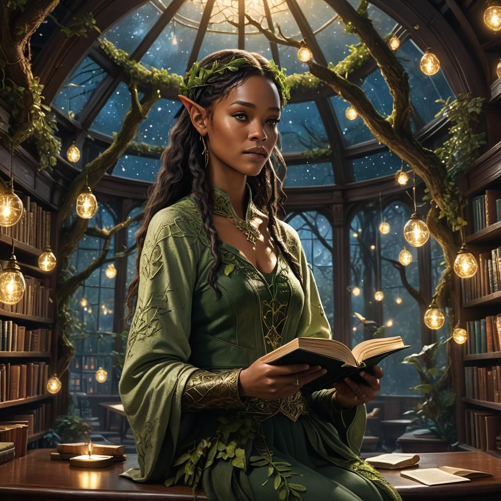 Elven Woman Reads in Firefly Lit Tree Library