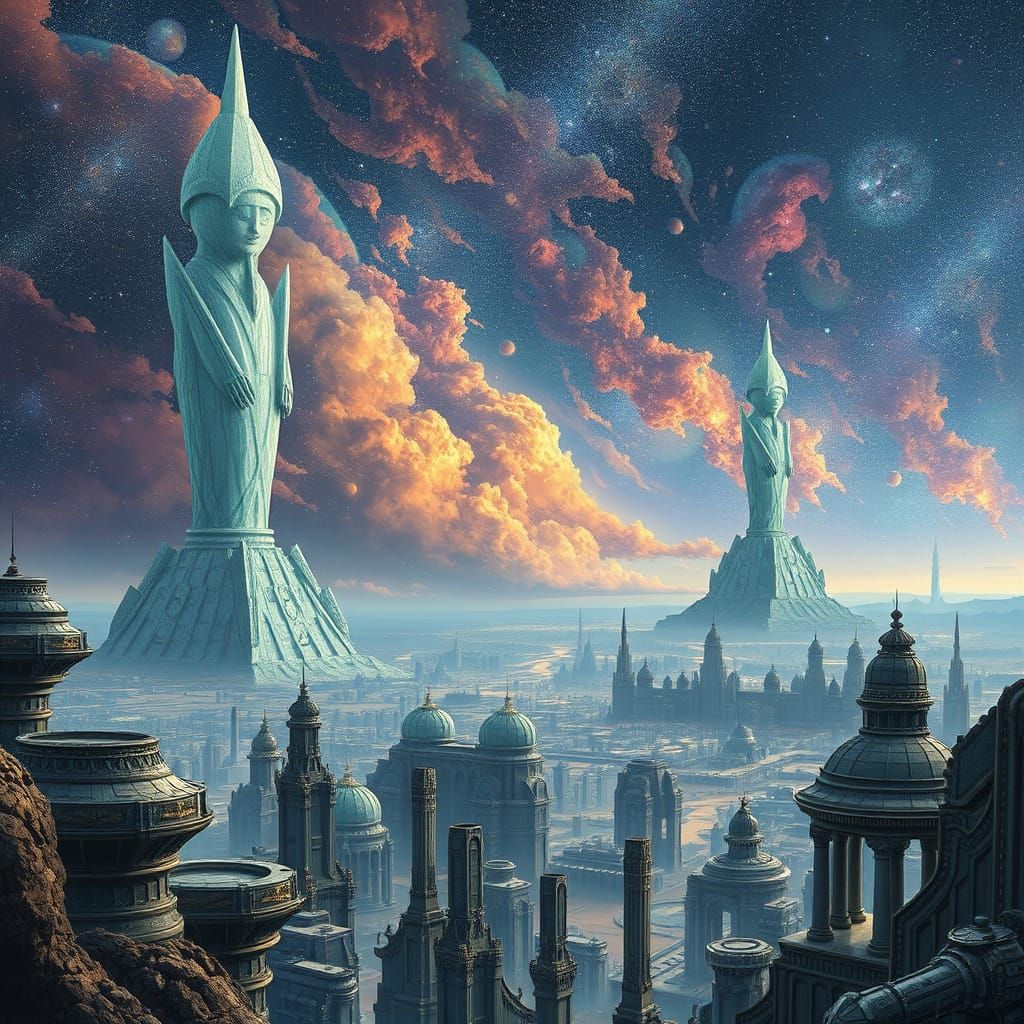 Cosmic Crystal Beings Above Mechanical City in Nebula