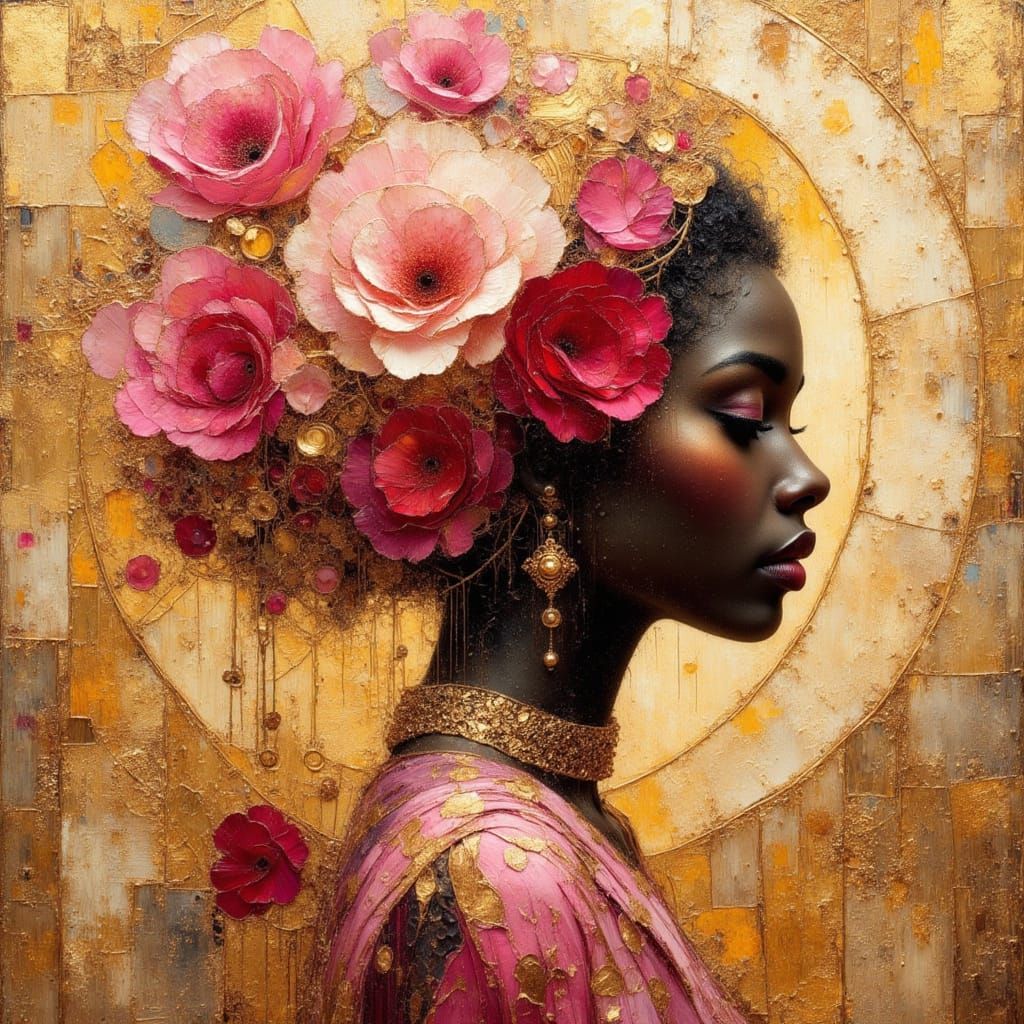 African Princess Silhouette with Encaustic and Impasto Detai...