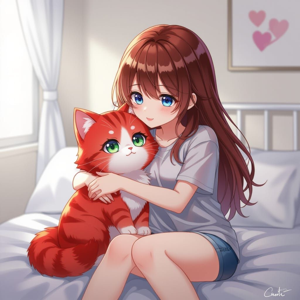 Woman Hugging Cat Doll in Anime Watercolor Style