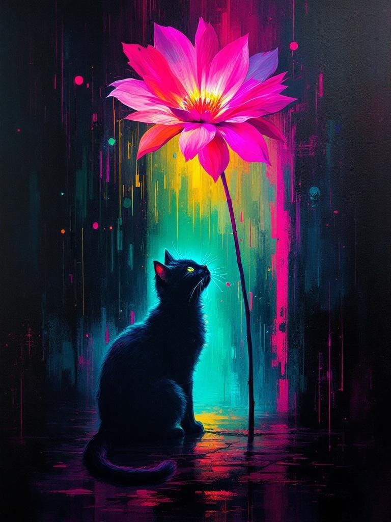 Neon Noir Cat Under Flower, Luminous Atmospheric Art