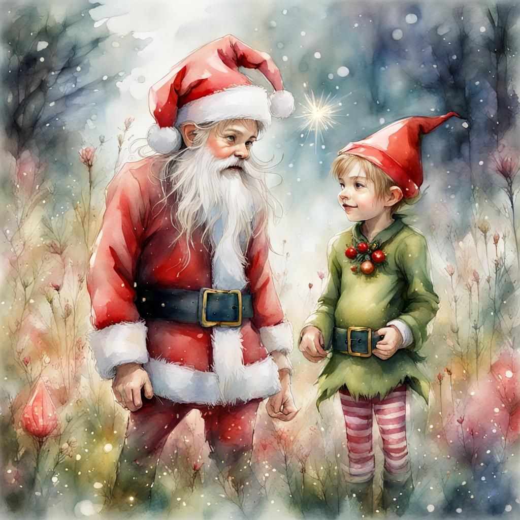 Christmas Elf and Santa in Watercolor Flower Meadow