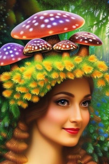 Hyperrealistic Mother Nature Crowned with Flora and Fauna