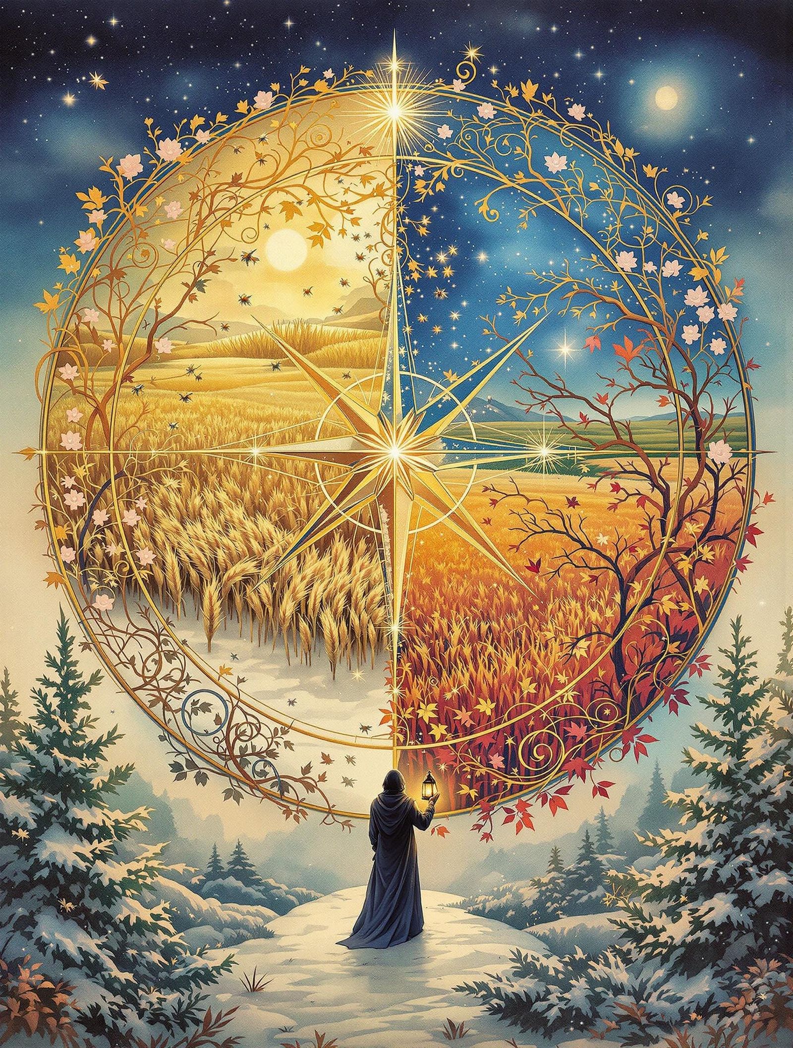 Whimsical Compass Rose in Watercolor and Metallic Leaf