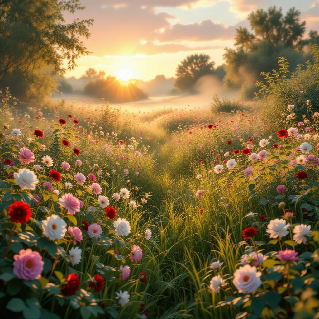 Overgrown Meadow With Wildflowers and Roses at Golden Hour