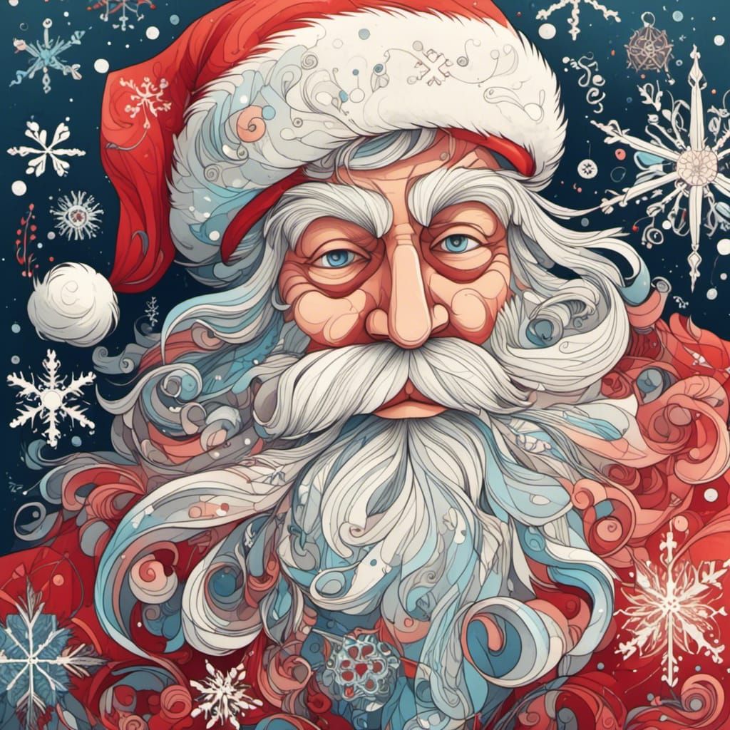Whimsical Portrait of Santa Claus with Snowflakes