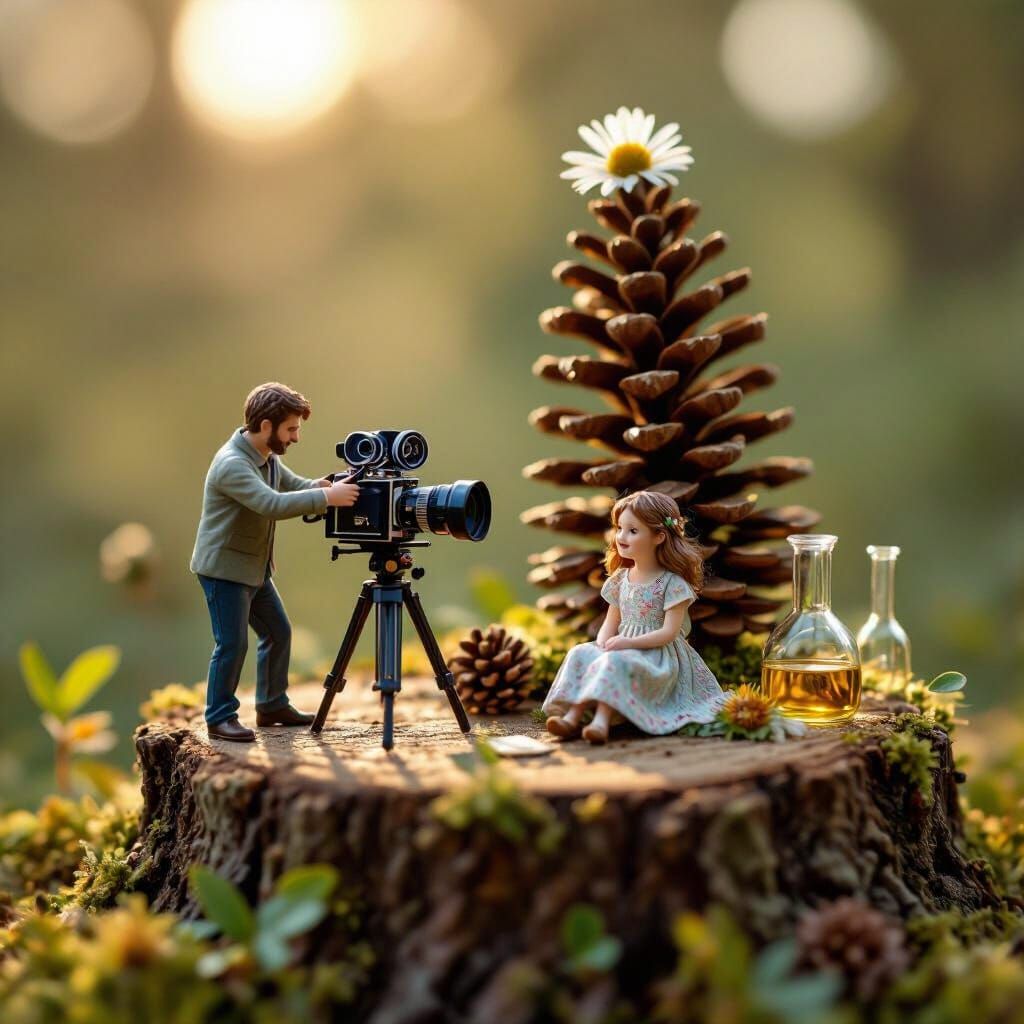 Miniature Film Crew on Pine Cone Forest Set