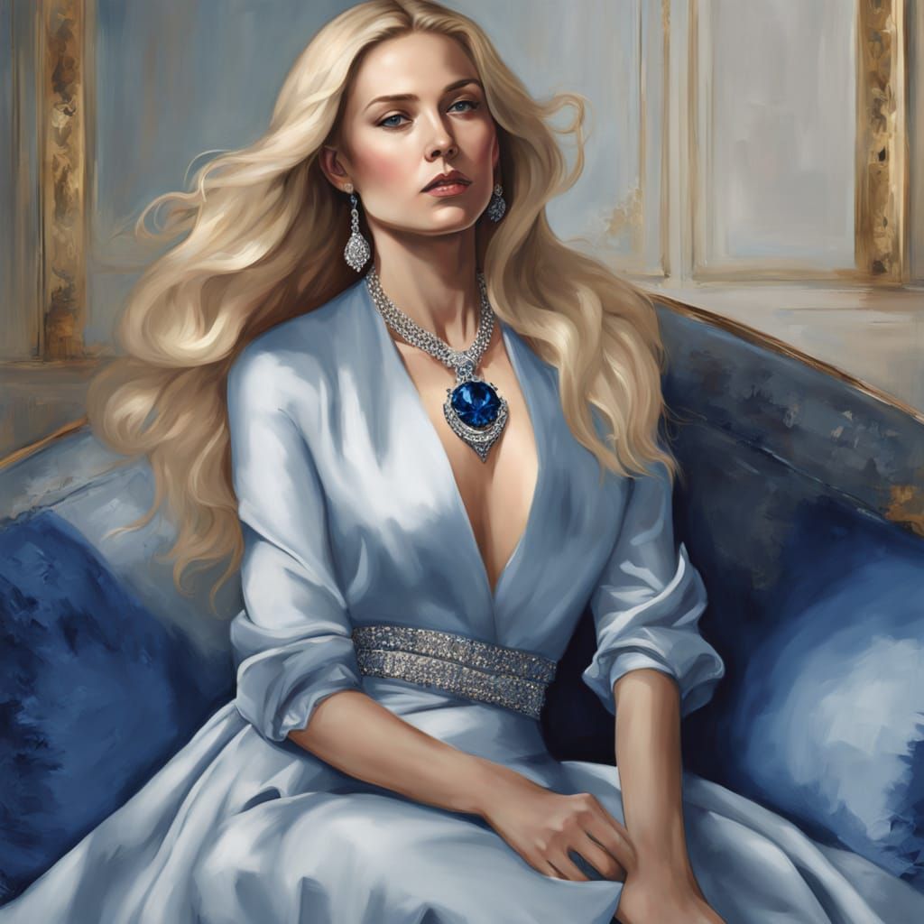 Regal Blond Woman with Diamond Necklace, Oil Painting