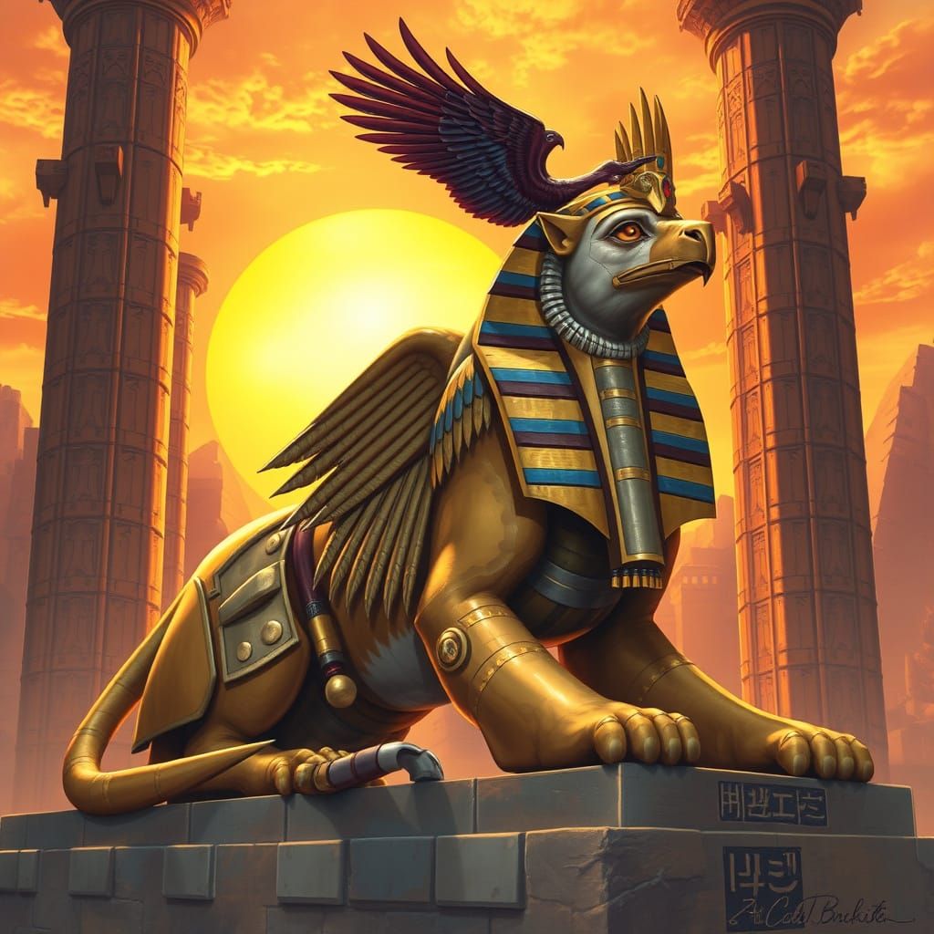 Regal Lion-Falcon Hieracosphinx in Egyptian Sunset