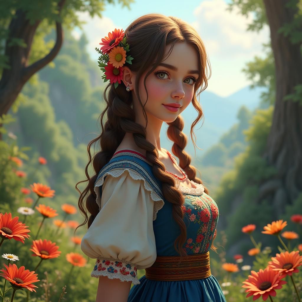 Hungarian Folk Woman in Fantastical Forest, Digital Art