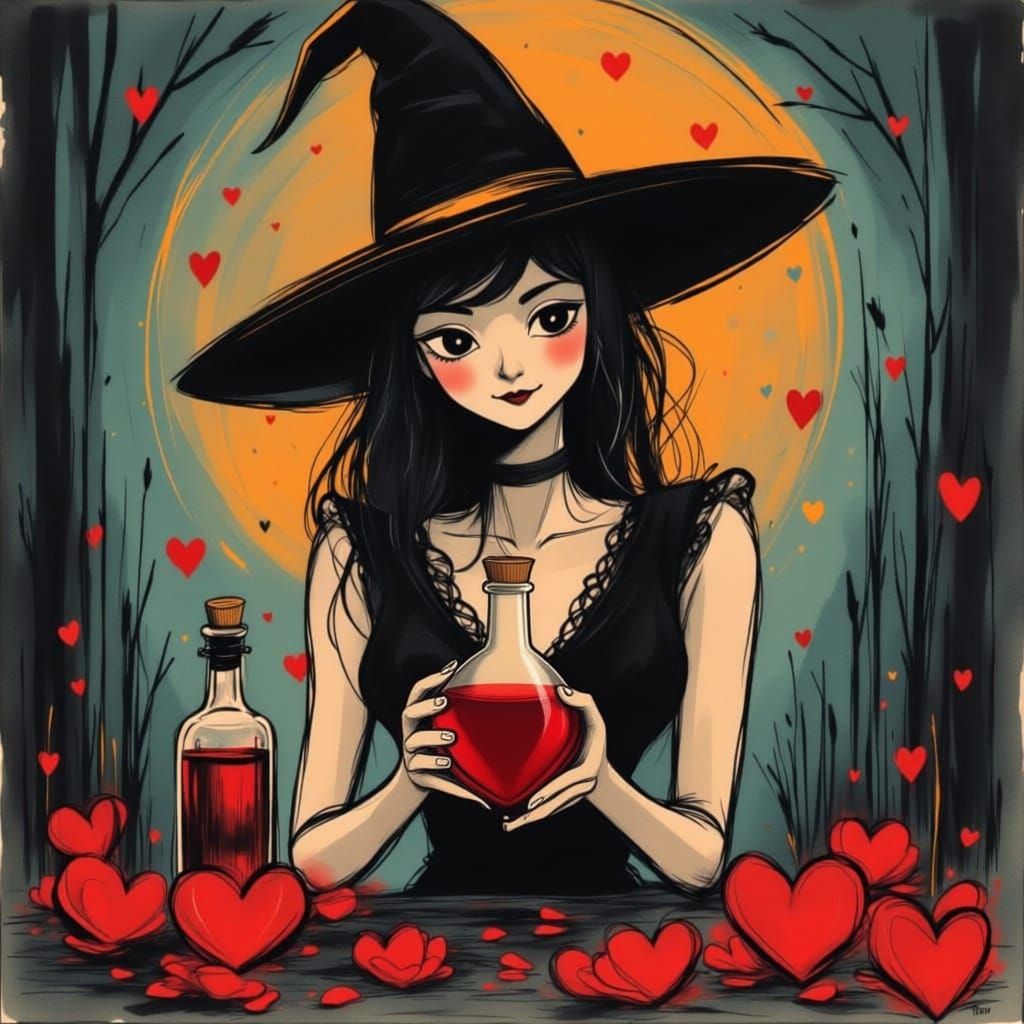 Witch Holds Smoking Love Potion with Hearts and Googly Eyes