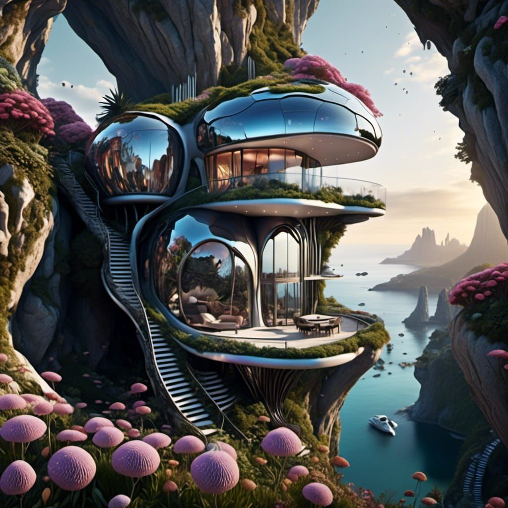 Opalescent Honeycomb Eco-Home on Cliff Face