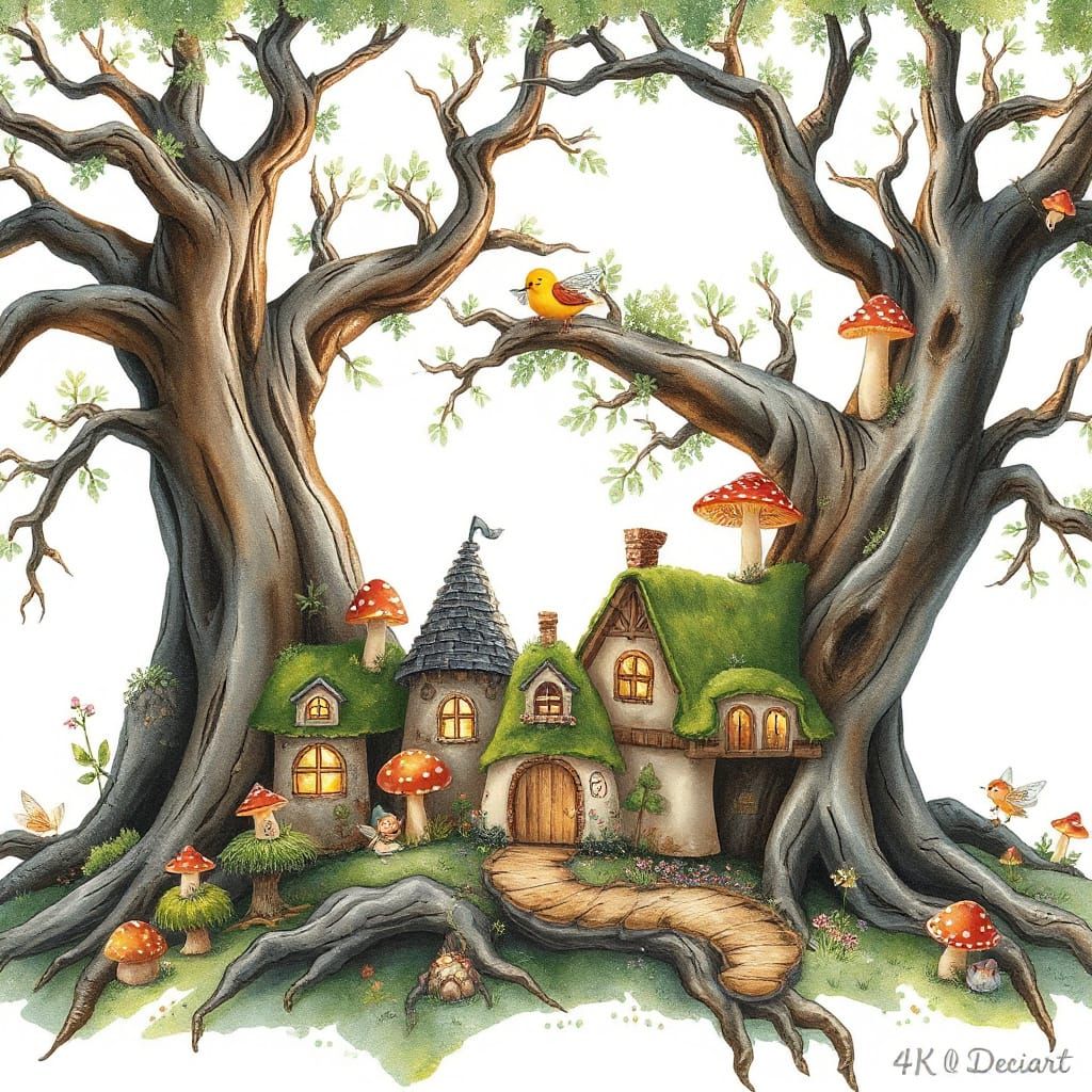 Mushroom Village Fantasy in Watercolor Style