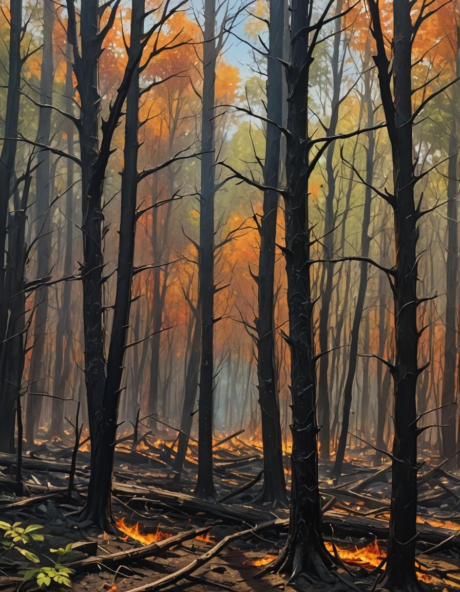 Charred Forest: Hyperrealistic Splash Art