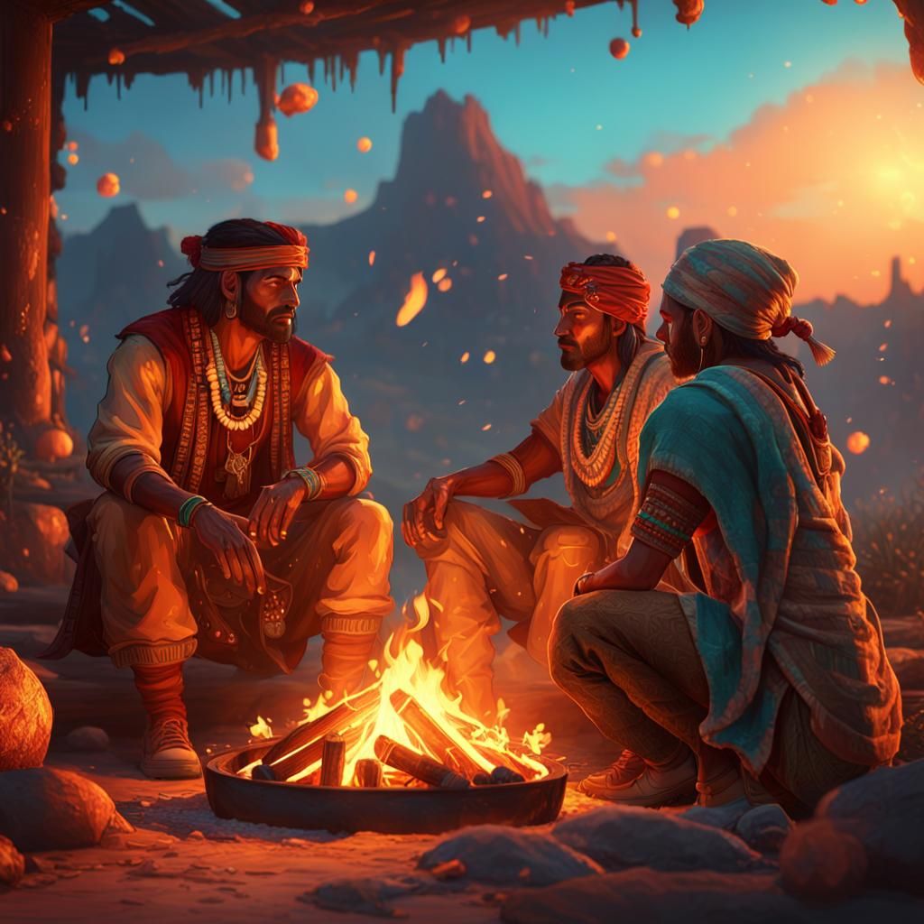 Native Americans Campfire Sunset: Detailed Concept Art