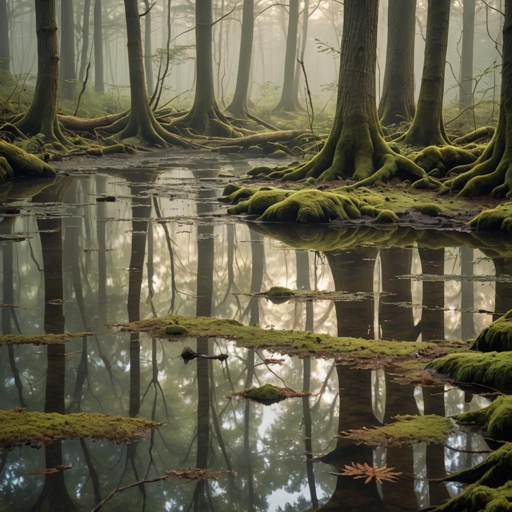 Foggy Forest Landscape with Dewdrop Reflections