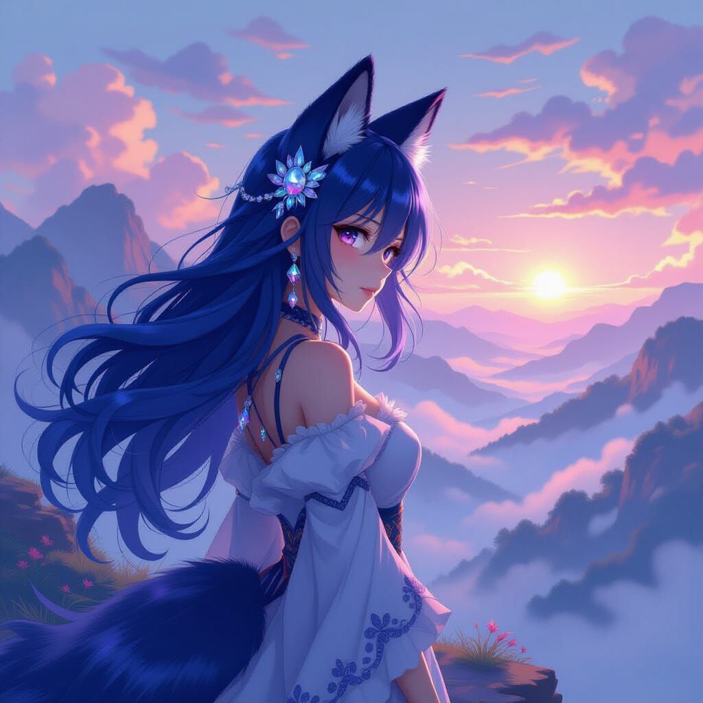 A majestic anthropomorphic fox girl with flowing indigo blue...