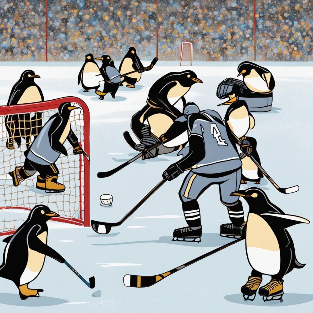 Penguins Playing Hockey on the Ice Rink