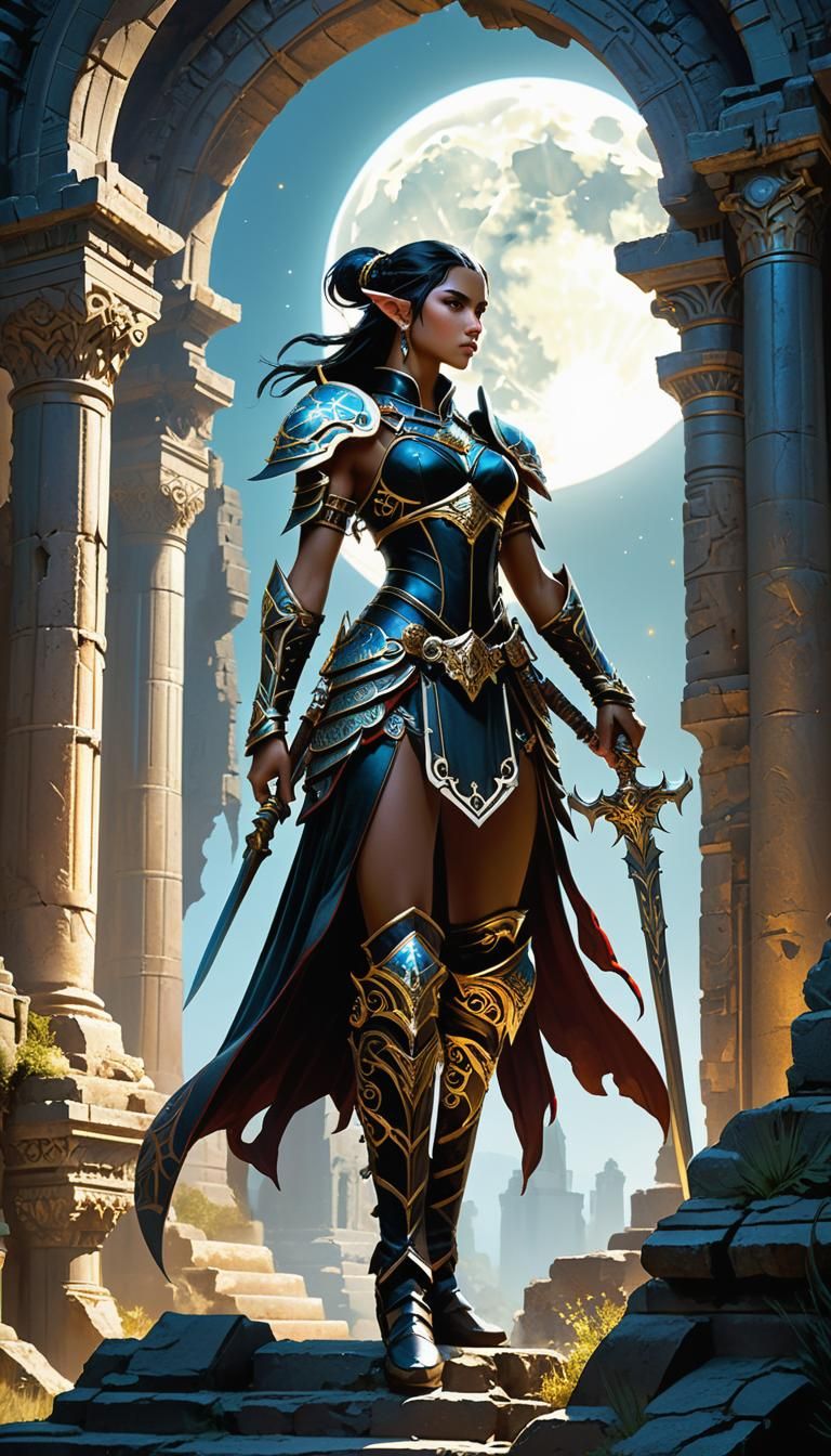 Moon Elf Warrior-Magi in Dark Fantasy Ruins