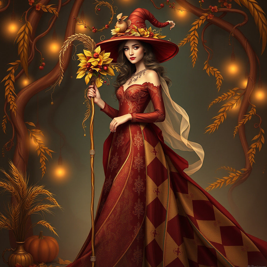 Art Nouveau Harlequin Witch in Thanksgiving Setting