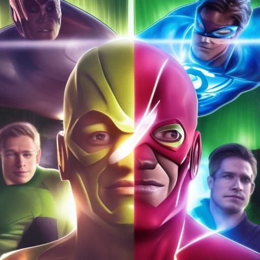 Wells, Thawne, negative speed force Legion battle Team Flash, Green Lantern, Supergirl, Superman, Hulk, Fantastic Four, ...