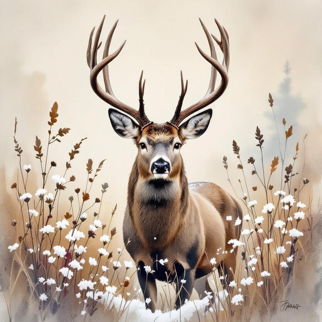 Majestic Deer in Snowy Wildflowers - Watercolor Style