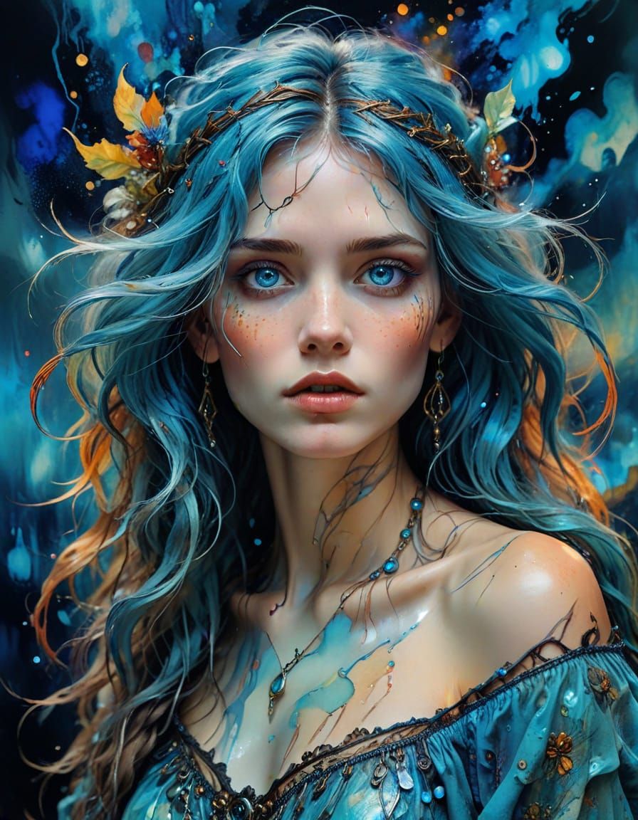 Boho-Gothic Woman with Luminescent Hair in Surreal Art