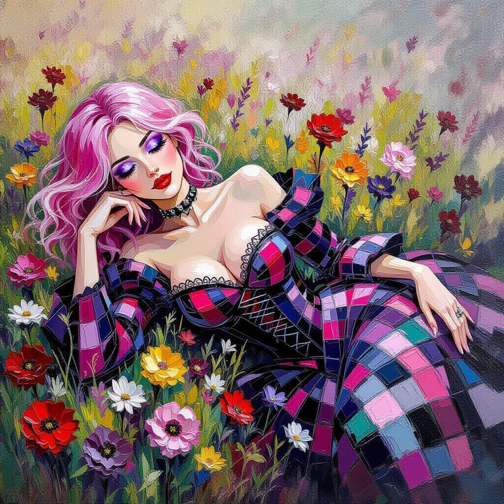Gothic Woman in Field of Flowers Painting